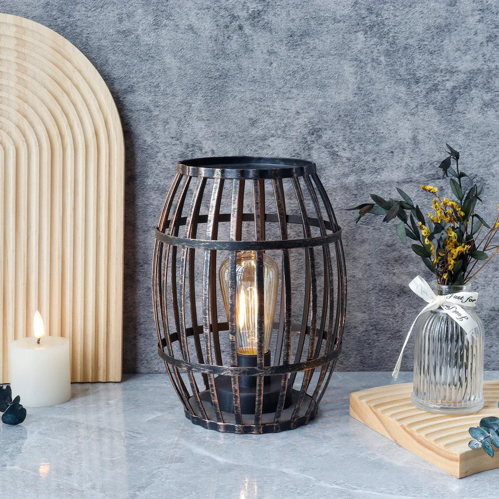 Cordless Metal Wine Barrel Table Lamp – Black Brushed Gold Battery-Powered Accent Light with Timer | 8" lifestyle product image