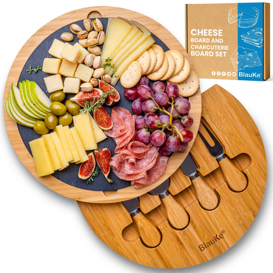 Round Bamboo Cheese Board with Knife Set | Charcuterie & Serving Tray