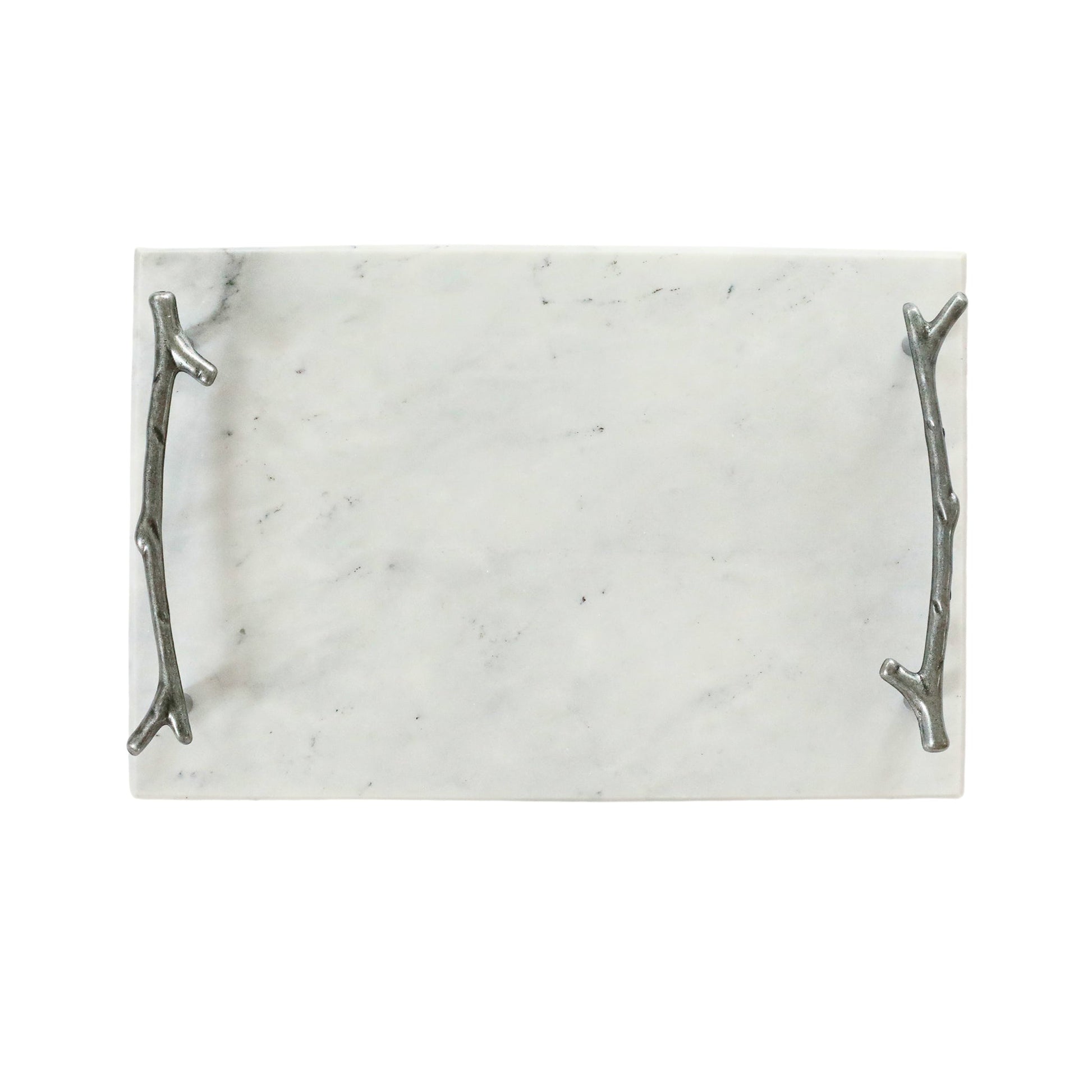 White Marble Serving Board with Silver Branch Handles | Elegant Cheese & Charcuterie Tray-0
