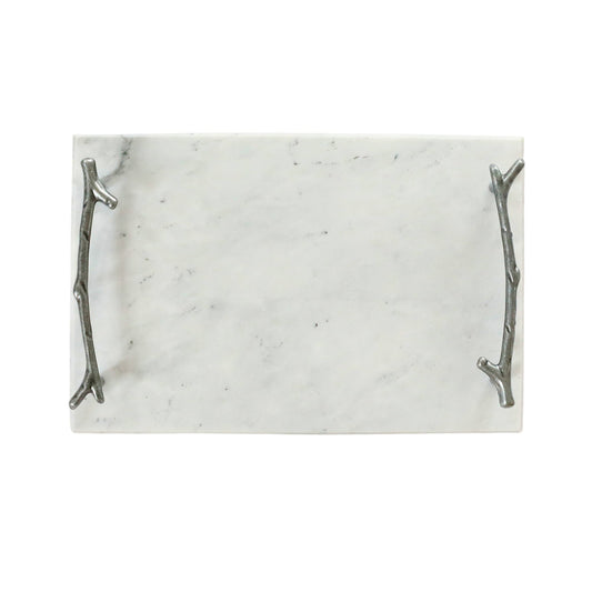 White Marble Serving Board with Silver Branch Handles | Elegant Cheese & Charcuterie Tray-0