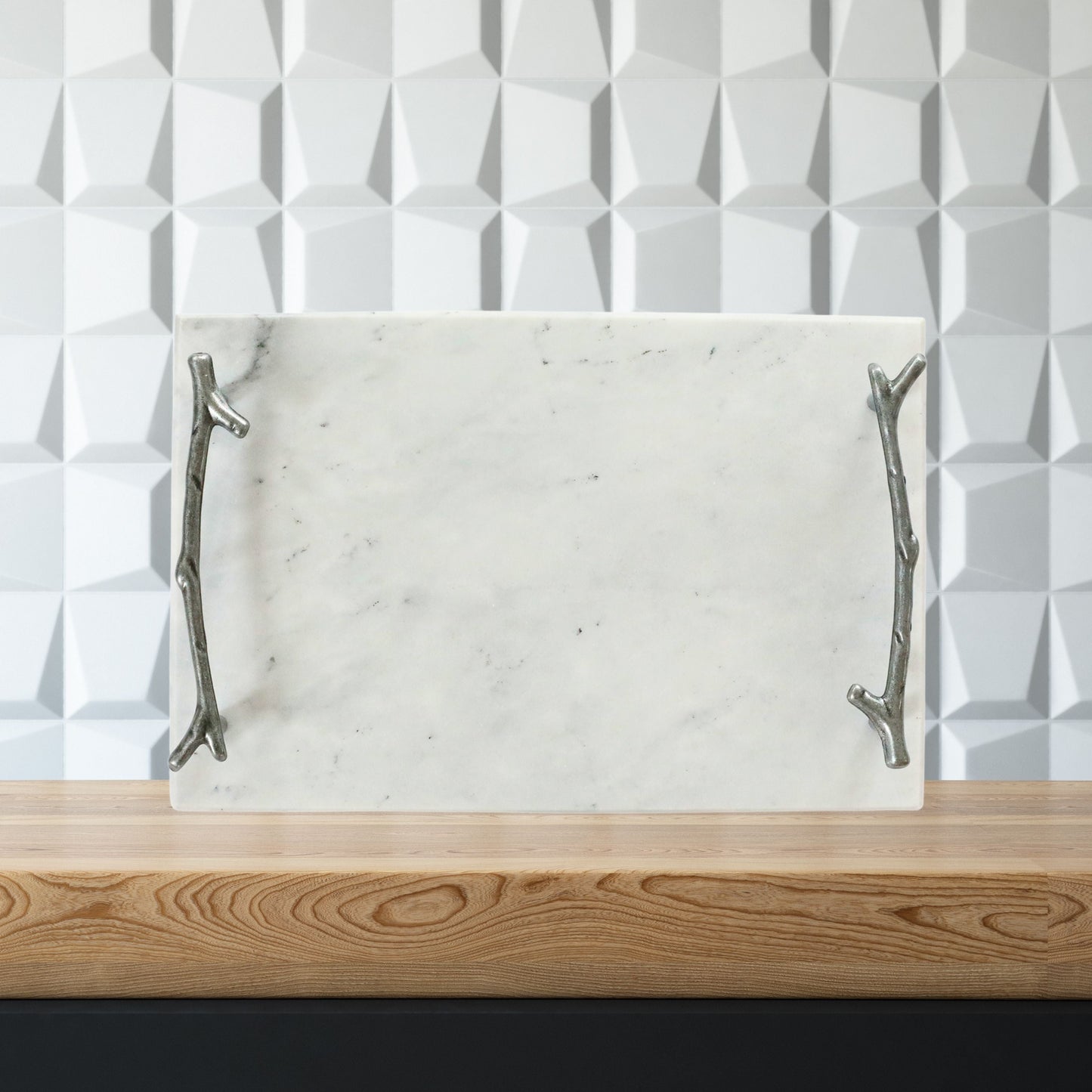White Marble Serving Board with Silver Branch Handles | Elegant Cheese & Charcuterie Tray-2
