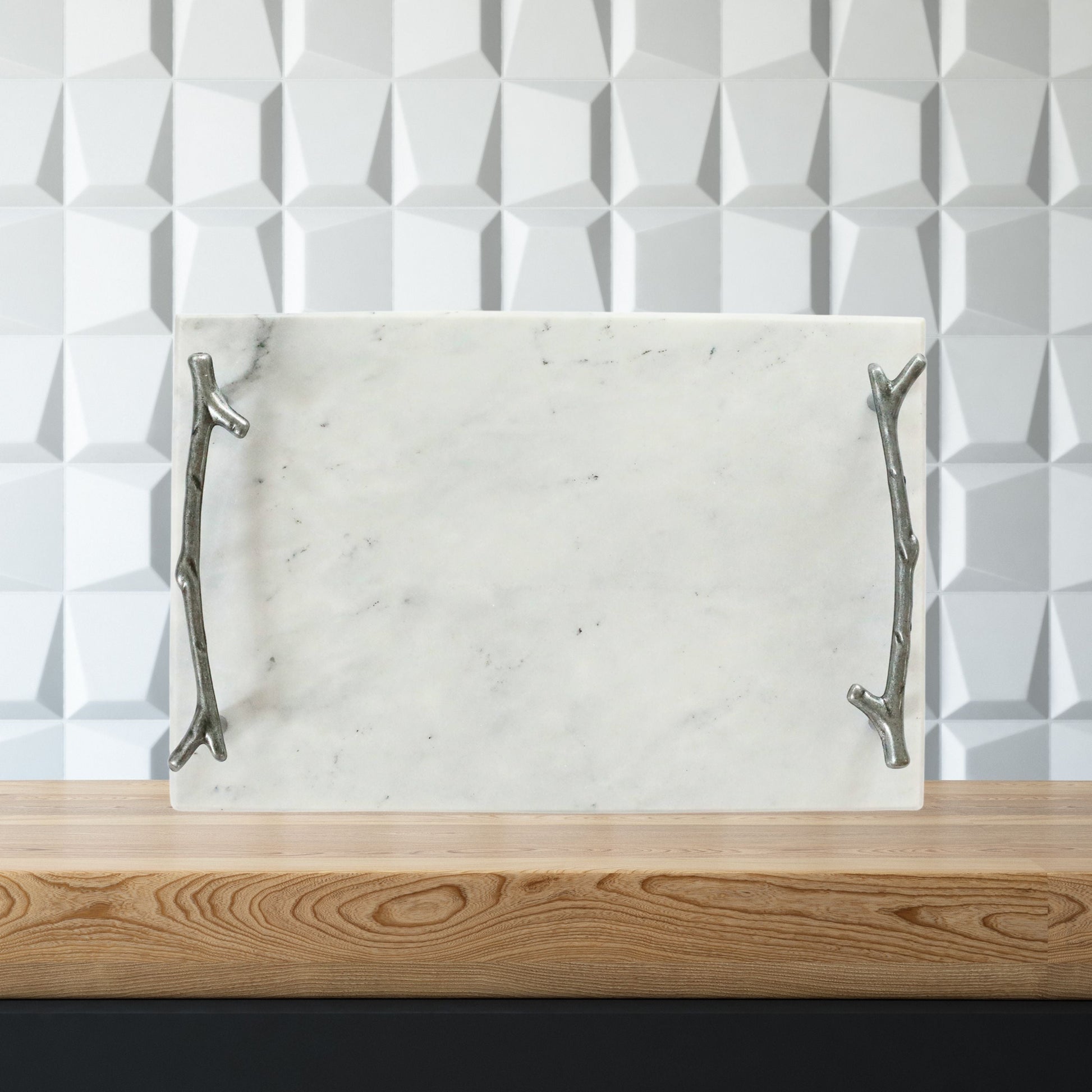 White Marble Serving Board with Silver Branch Handles | Elegant Cheese & Charcuterie Tray-2