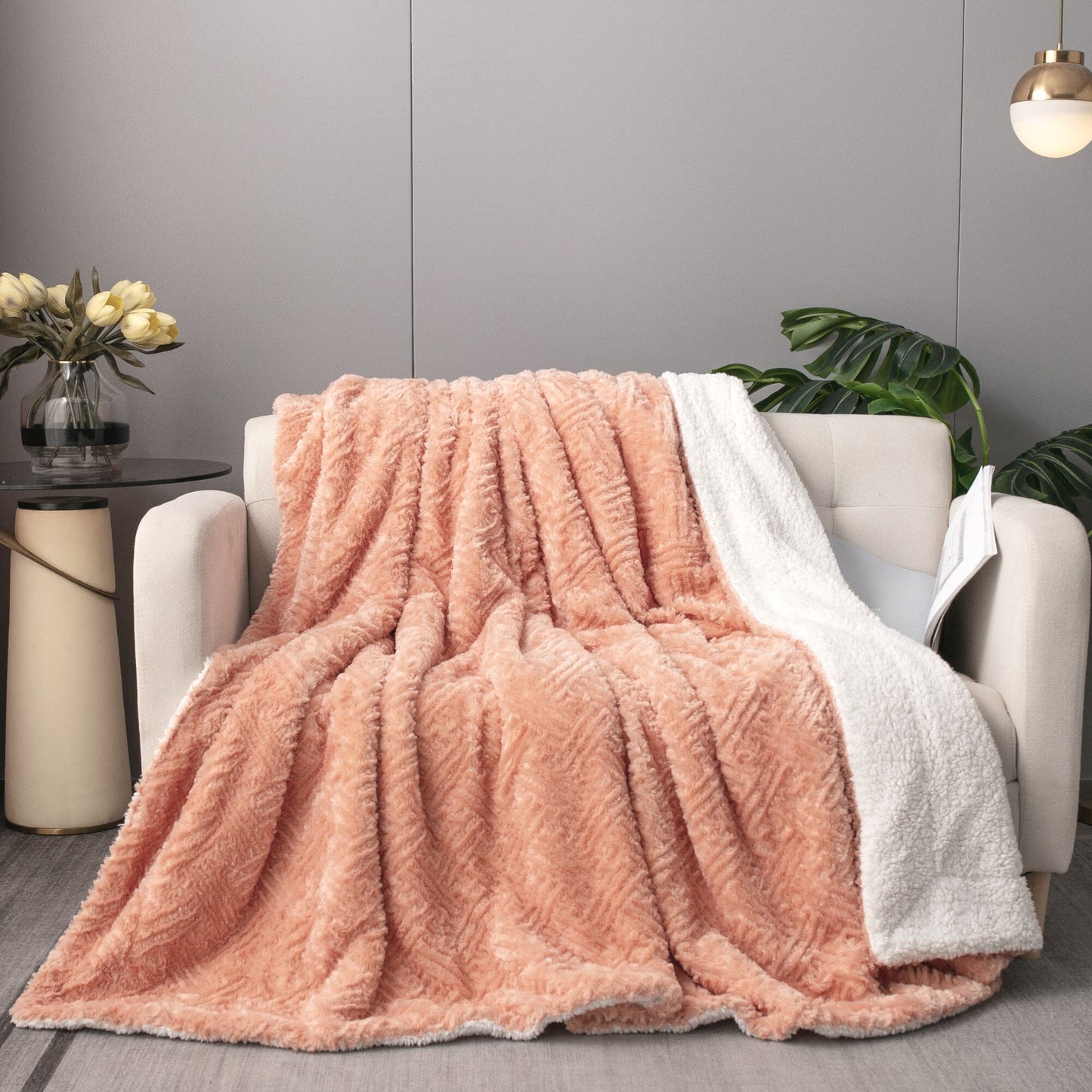 Coral Peach Rose Faux Fur Throw Blanket – Cozy Sherpa Plush Blanket lifestyle product image