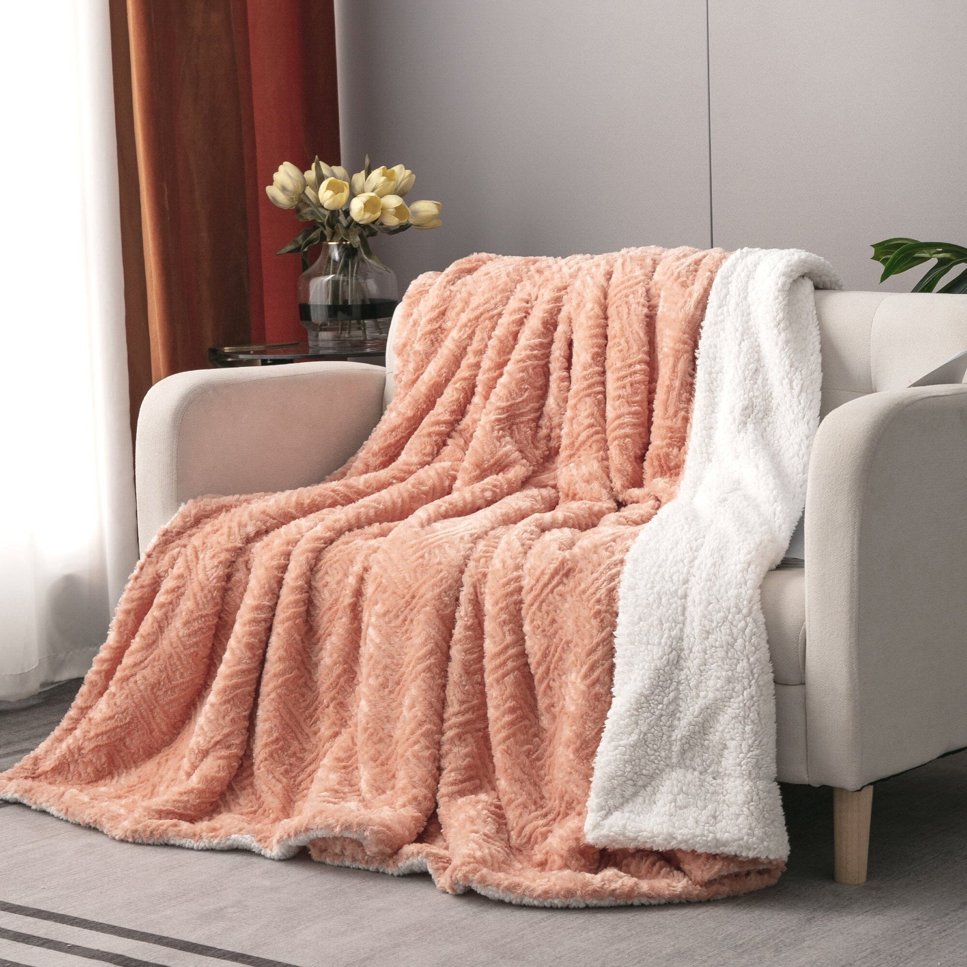 Coral Peach Rose Faux Fur Throw Blanket – Cozy Sherpa Plush Blanket lifestyle product image