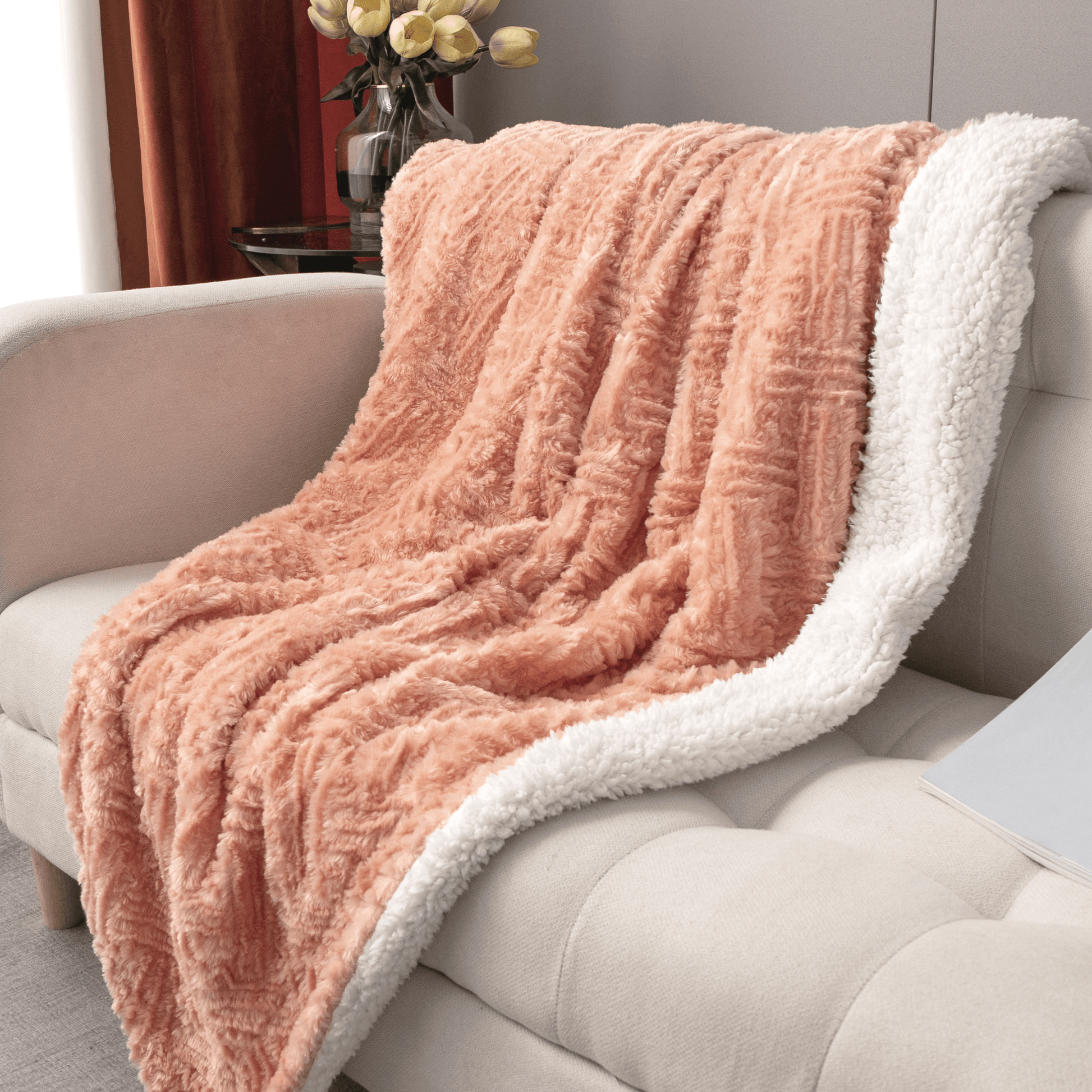 Coral Peach Rose Faux Fur Throw Blanket – Cozy Sherpa Plush Blanket lifestyle product image