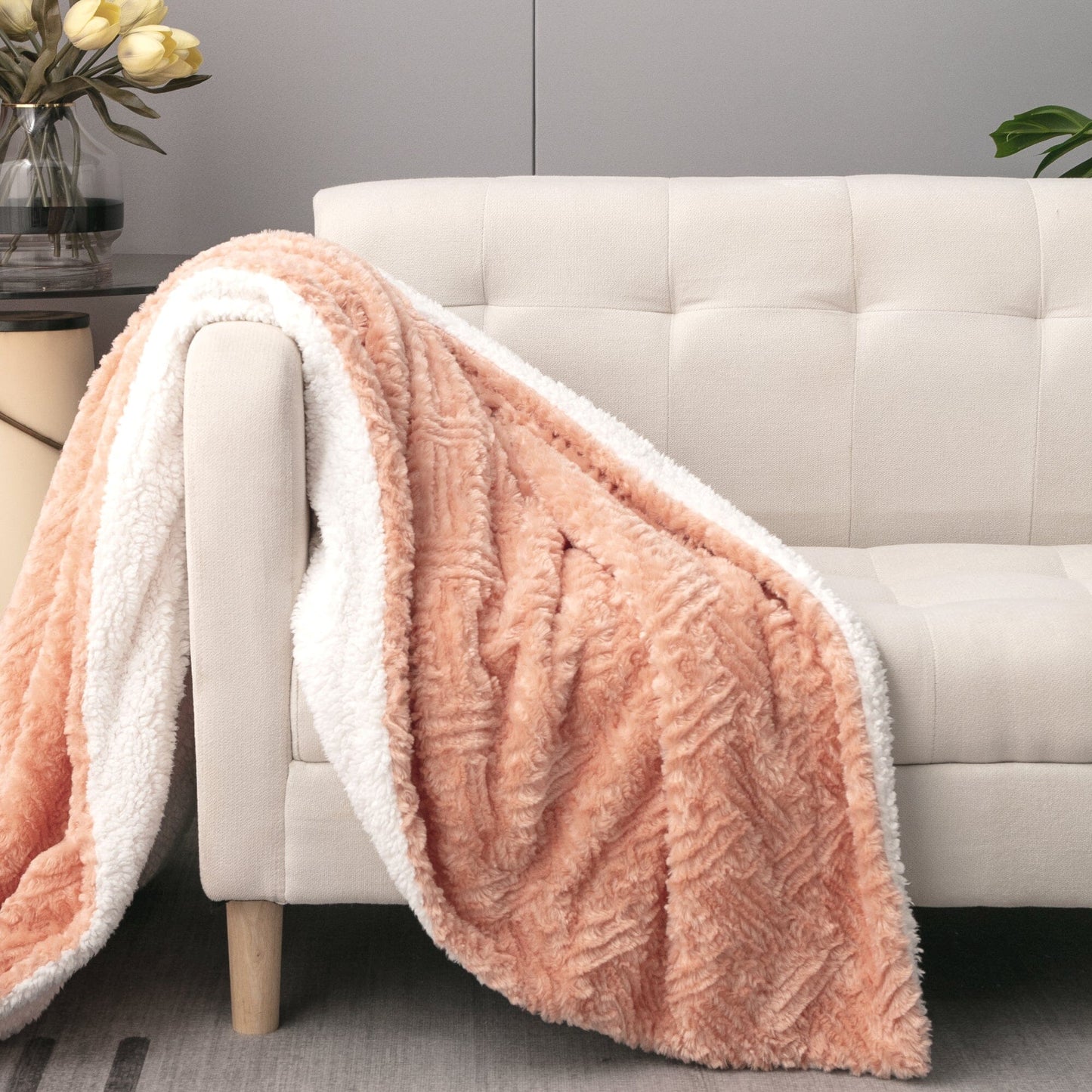 Coral Peach Rose Faux Fur Throw Blanket – Cozy Sherpa Plush Blanket lifestyle product image