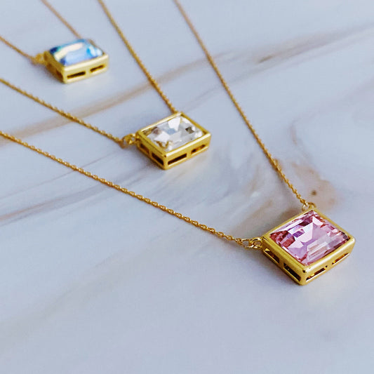 Sweet Square Pendant Necklace – Gold Plated Dainty Crystal Necklace lifestyle product image