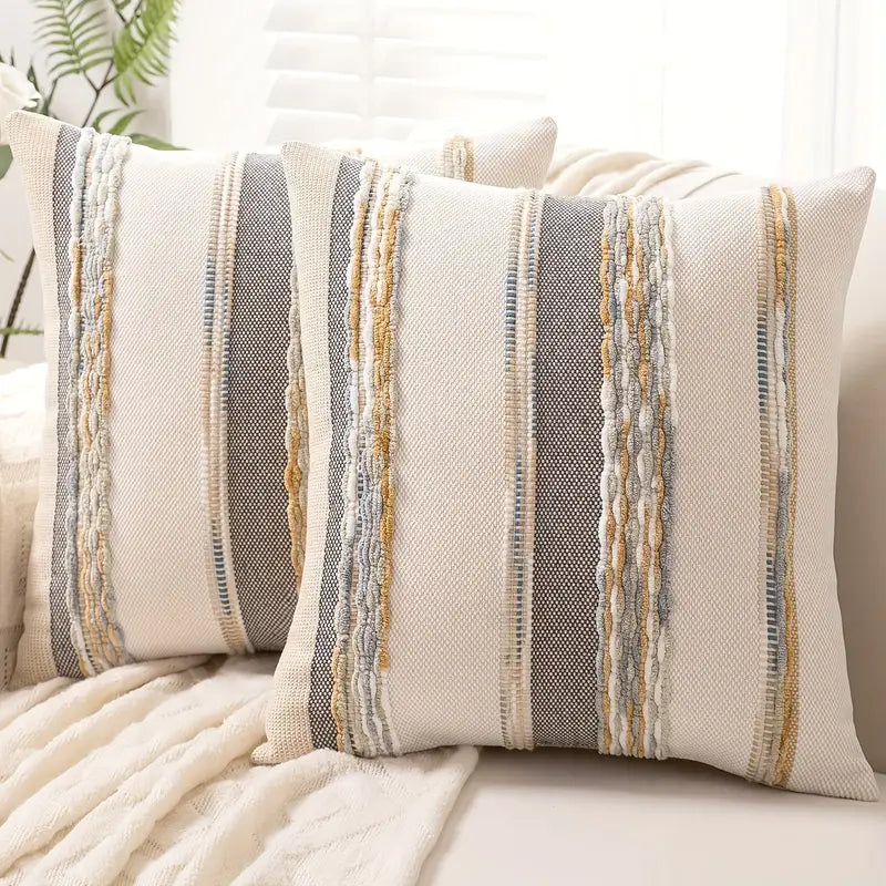 Boho Striped Chenille Throw Pillow Covers | Cozy Cotton Linen Cushion Covers 18x18 lifestyle product image