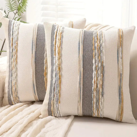 Boho Striped Chenille Throw Pillow Covers | Cozy Cotton Linen Cushion Covers 18x18 lifestyle product image