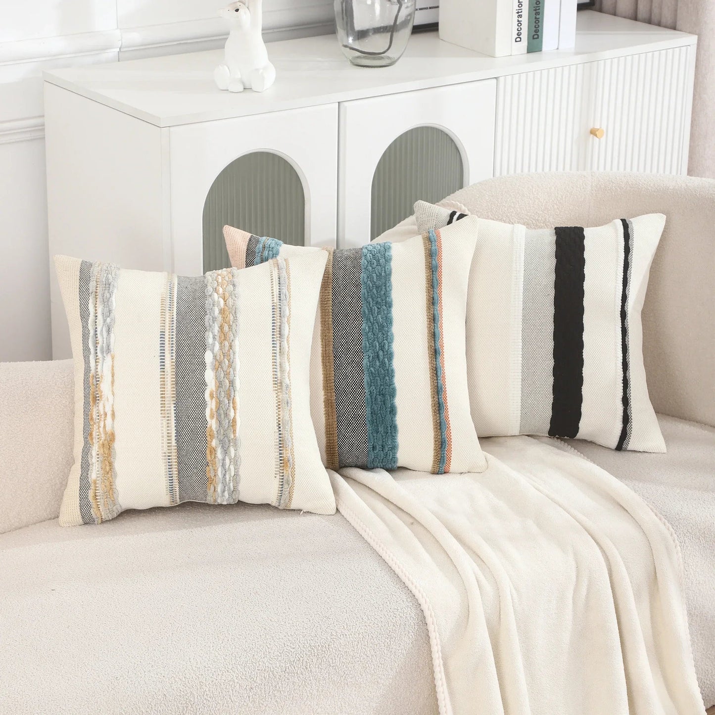 Boho Striped Chenille Throw Pillow Covers | Cozy Cotton Linen Cushion Covers 18x18 lifestyle product image
