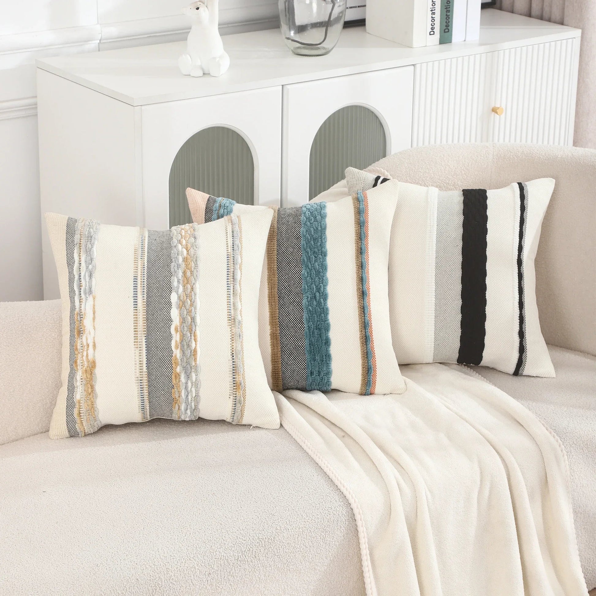 Boho Striped Chenille Throw Pillow Covers | Cozy Cotton Linen Cushion Covers 18x18 lifestyle product image