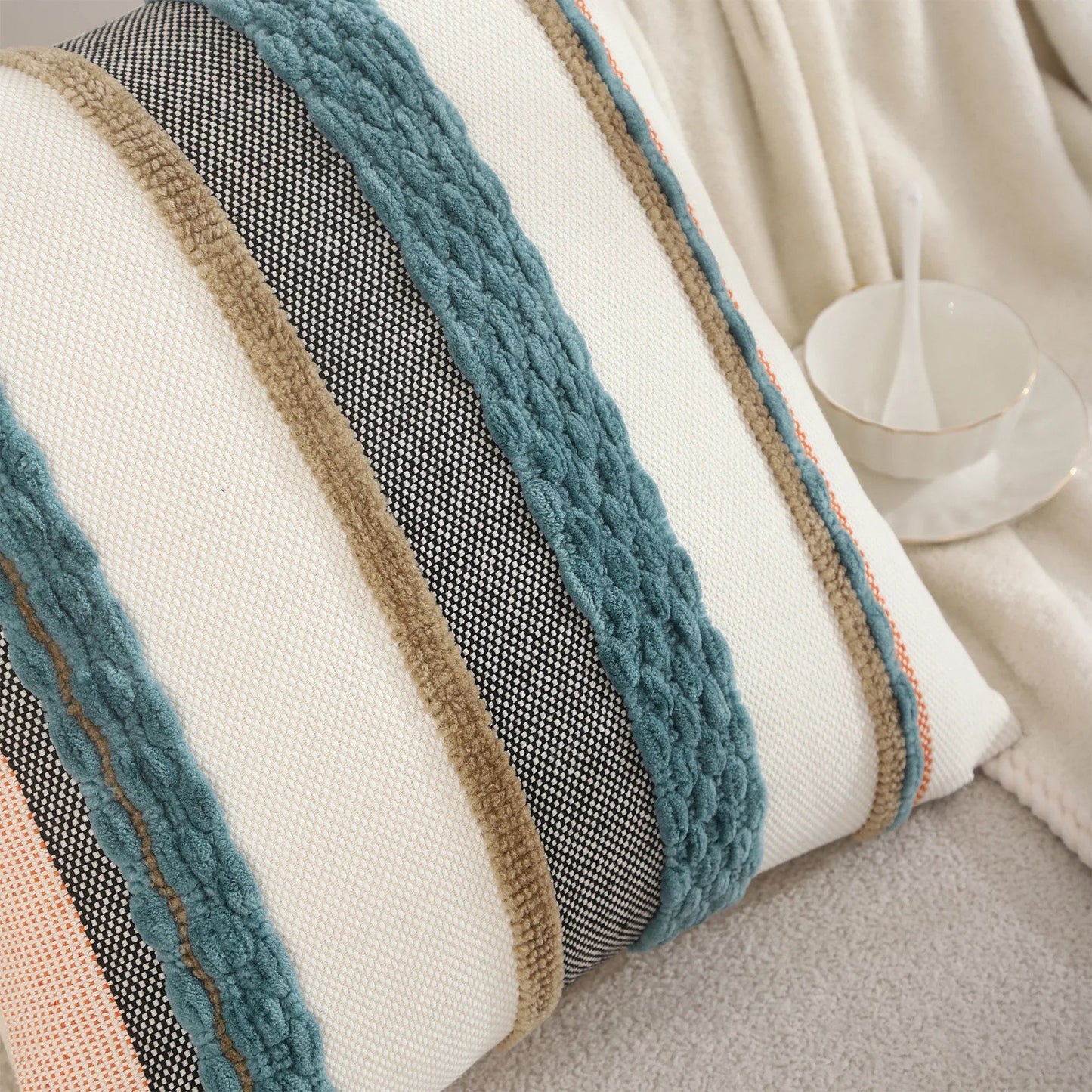 Boho Striped Chenille Throw Pillow Covers | Cozy Cotton Linen Cushion Covers 18x18 lifestyle product image