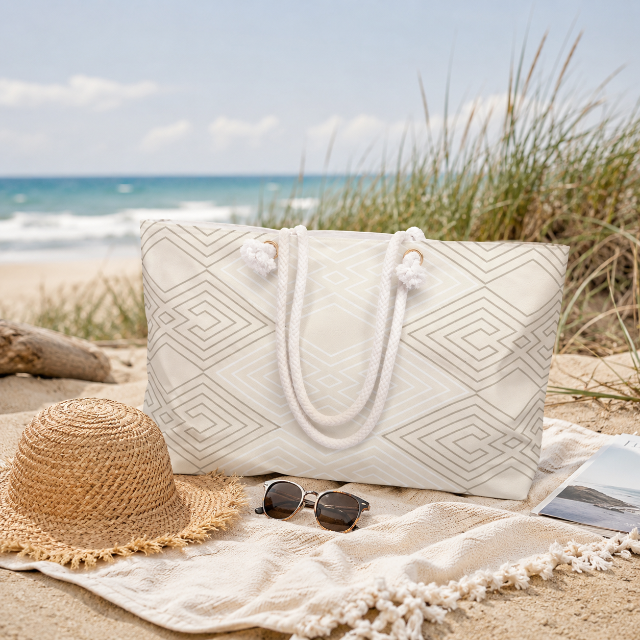 Weekender Tote Bag – Beige & White Tribal Aztec Geometric Large Travel Tote lifestyle product image