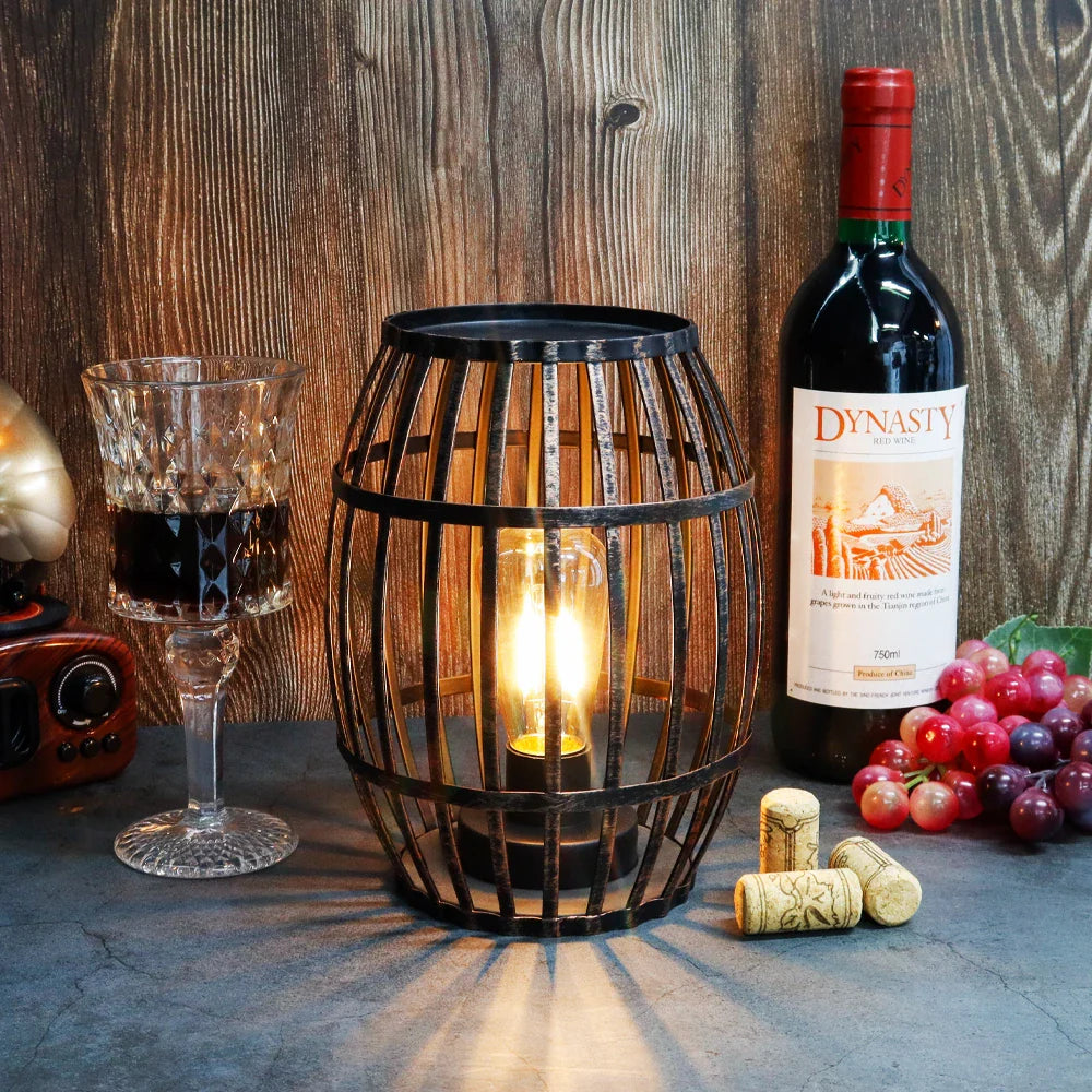 Cordless Metal Wine Barrel Table Lamp – Black Brushed Gold Battery-Powered Accent Light with Timer | 8" lifestyle product image