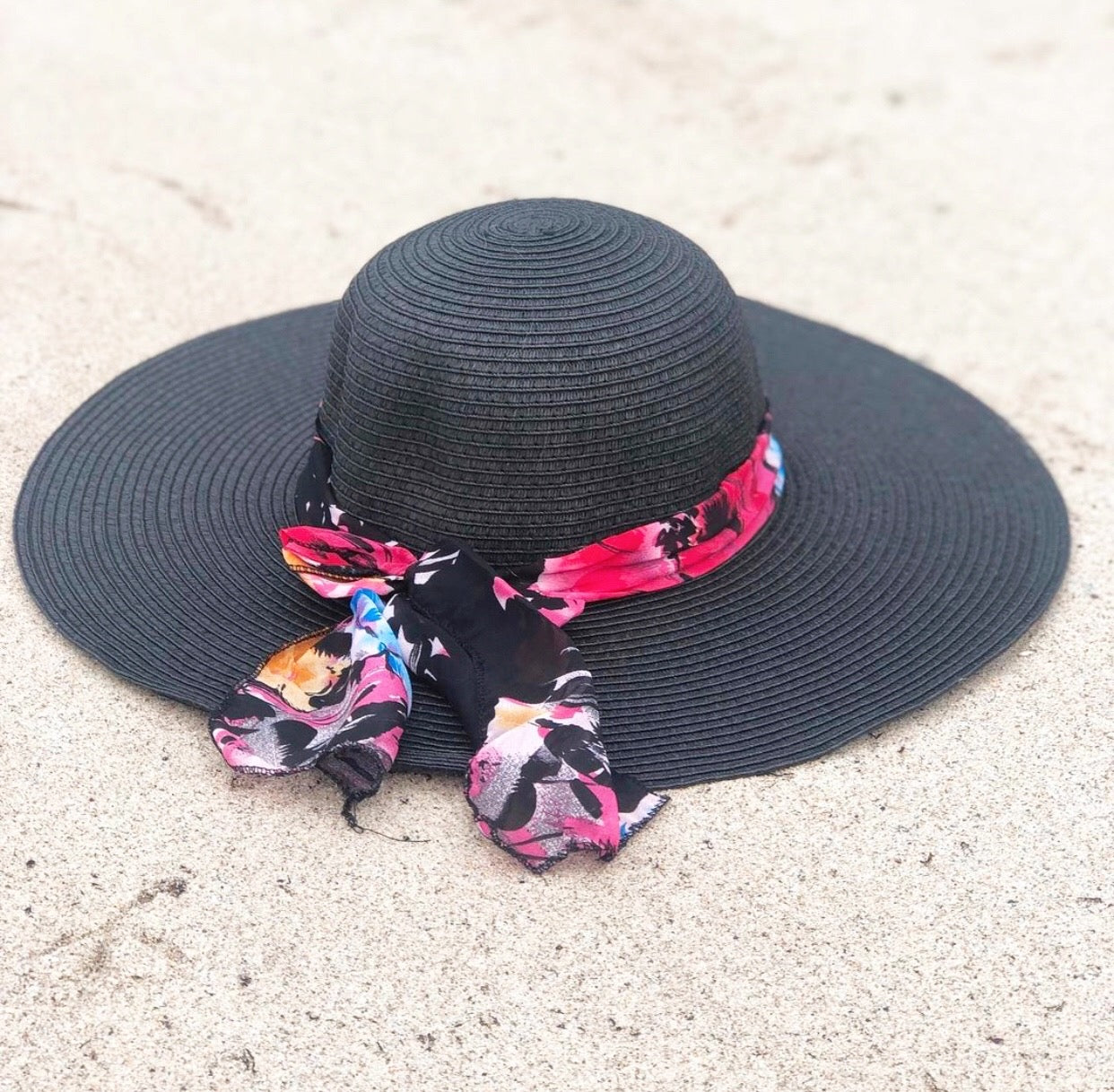Wide Brim Sun Hat with Floral Chiffon Scarf – Adjustable Women's Summer Hat lifestyle product image