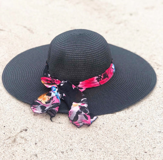 Wide Brim Sun Hat with Floral Chiffon Scarf – Adjustable Women's Summer Hat lifestyle product image
