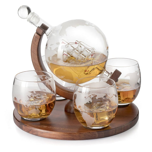 Globe Whiskey Decanter Set | Etched World Decanter with Glasses