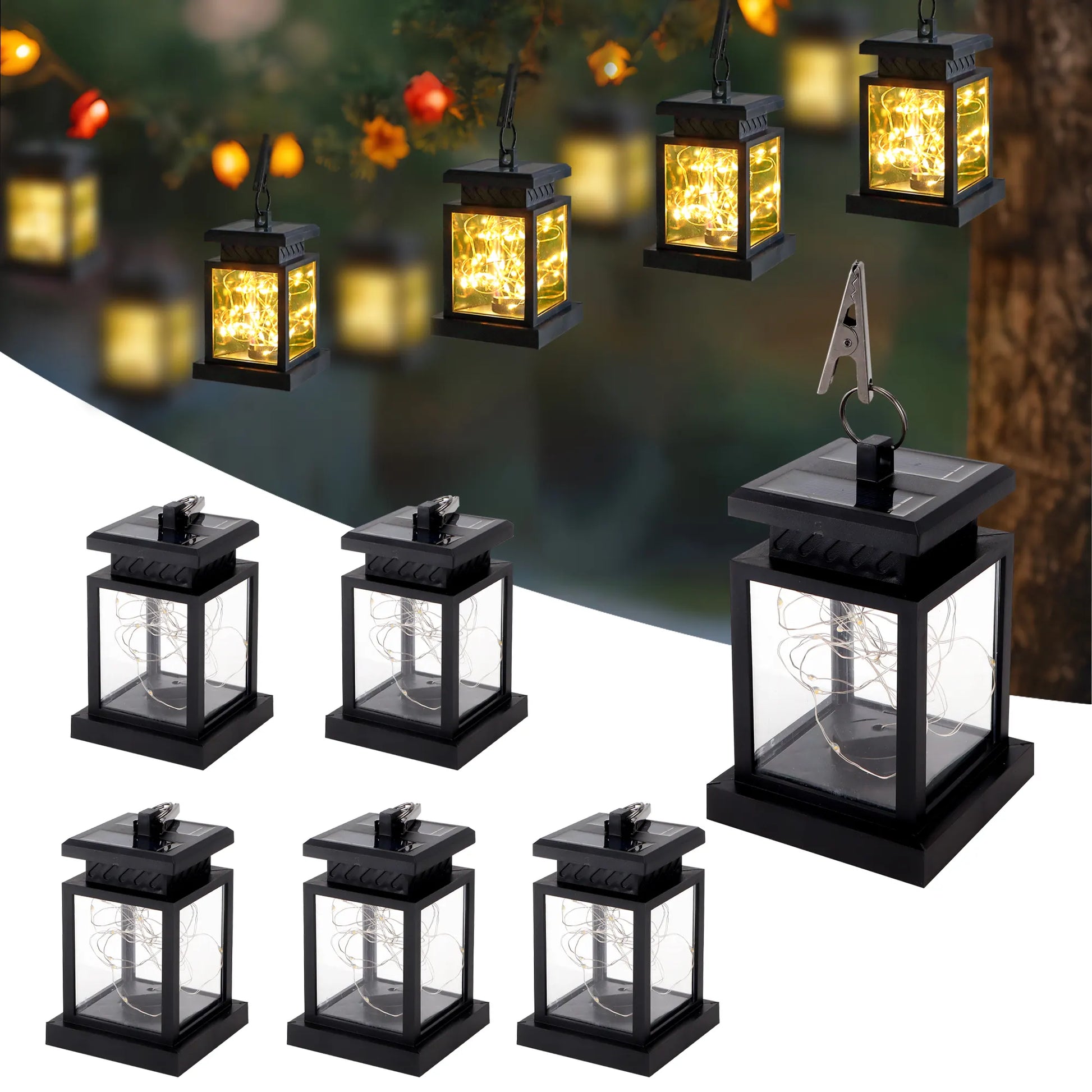 Set of 6 Solar Lantern Lights - Outdoor Hanging Garden Lanterns -4