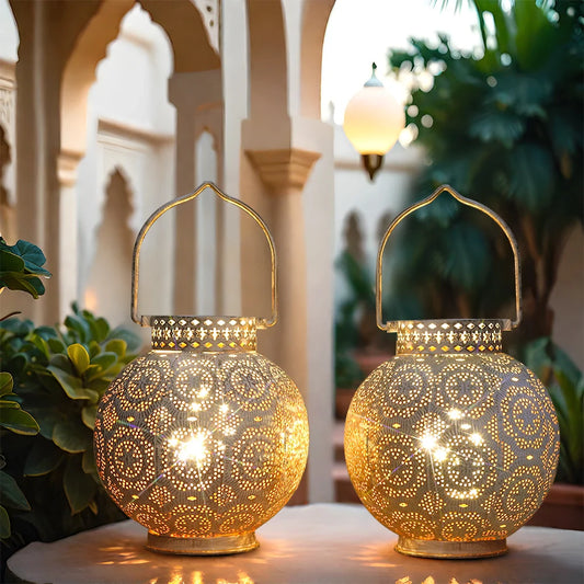 Moroccan Lantern Set of 2 | Decorative LED Table & Hanging Lantern with Warm Glow-0