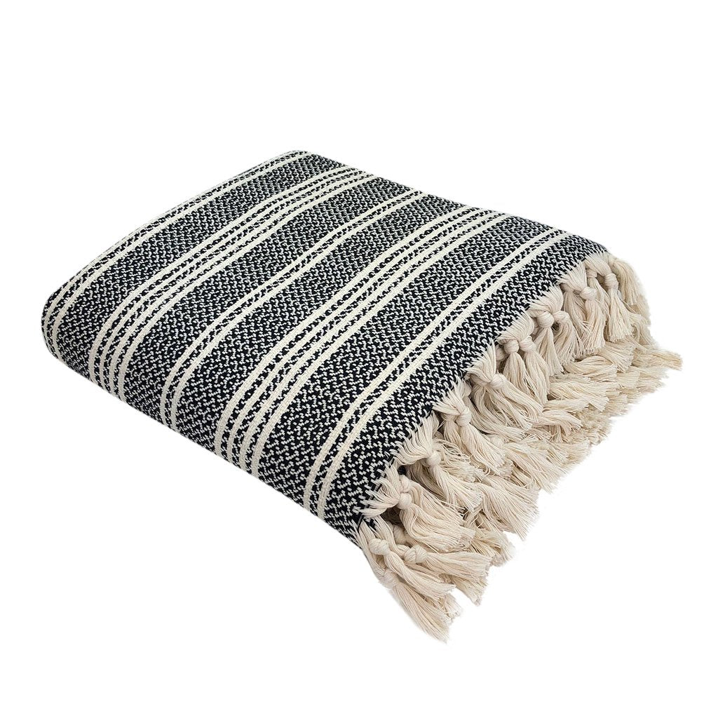 Woven Stripe Turkish Throw Blanket | Cozy 100% Cotton Boho Blanket with Fringe lifestyle product image