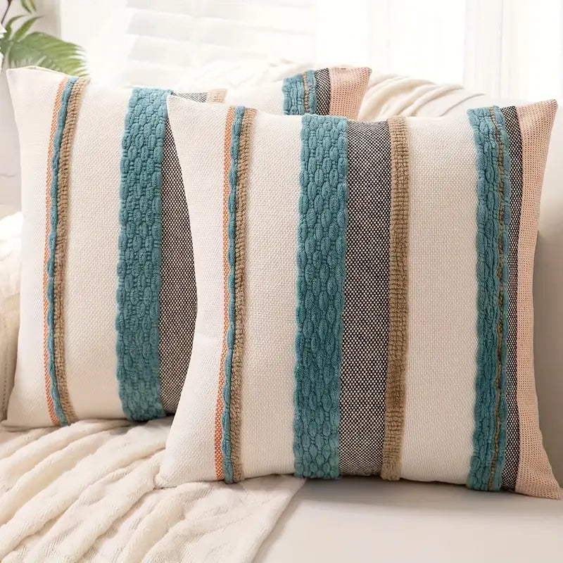 Boho Striped Chenille Throw Pillow Covers | Cozy Cotton Linen Cushion Covers 18x18 lifestyle product image