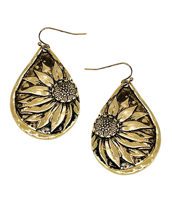 Vintage Metal Sunflower Teardrop Earrings lifestyle product image