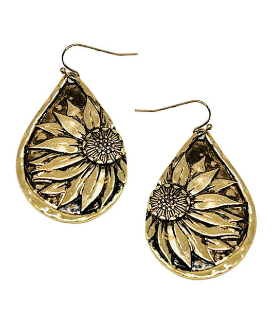 Vintage Metal Sunflower Teardrop Earrings lifestyle product image