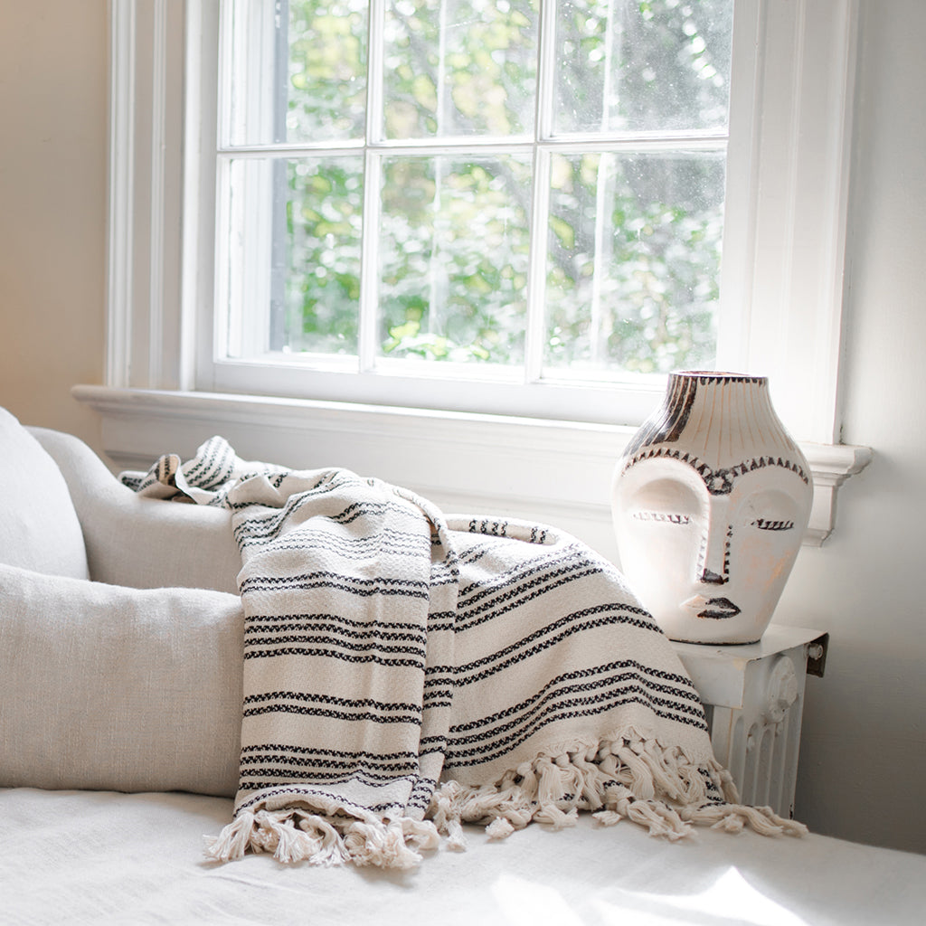 Woven Stripe Turkish Throw Blanket | Cozy 100% Cotton Boho Blanket with Fringe lifestyle product image