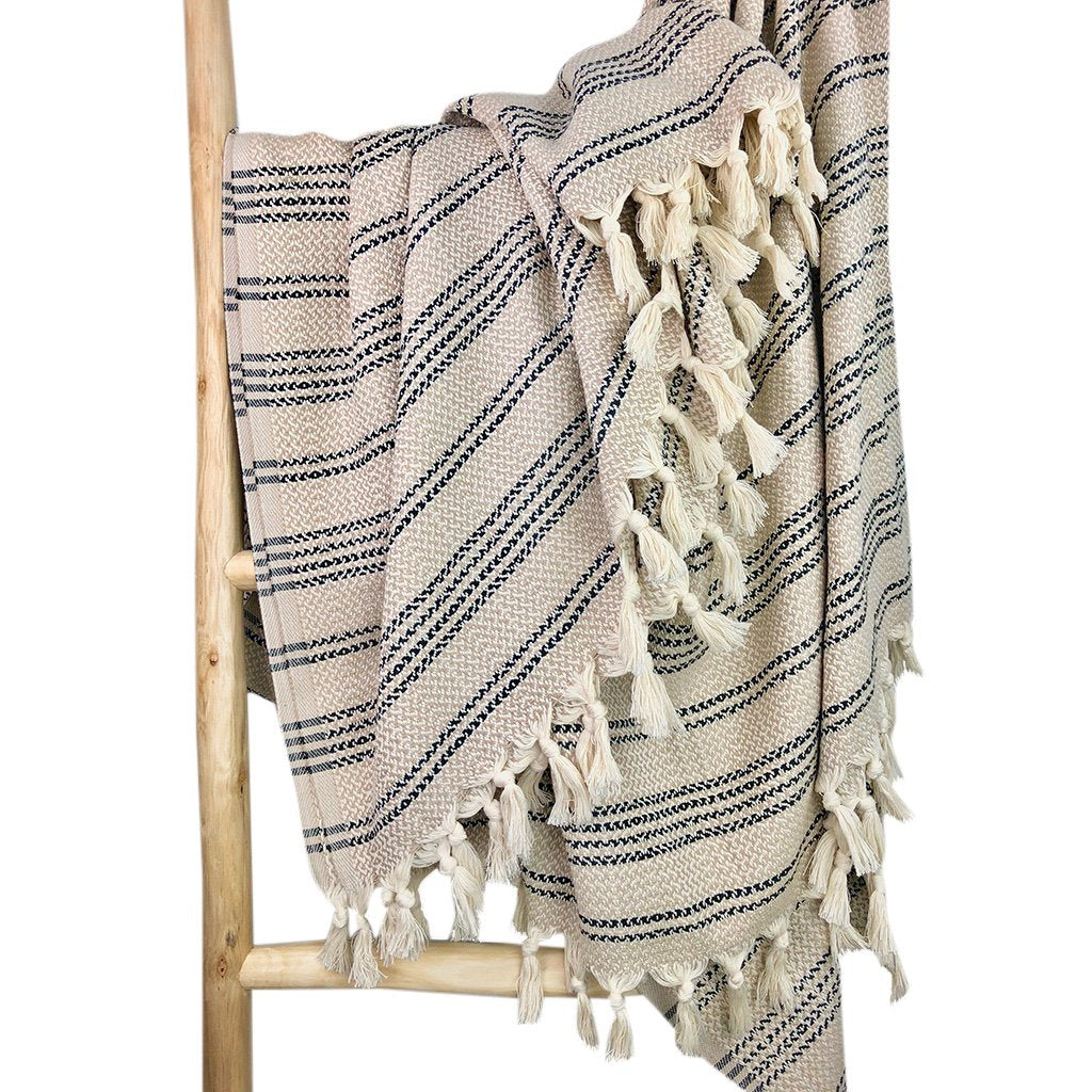 Woven Stripe Turkish Throw Blanket | Cozy 100% Cotton Boho Blanket with Fringe lifestyle product image