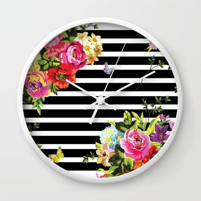 Striped Floral Wall Clock – Modern Decorative 10” Clock with Black or White Frame lifestyle product image