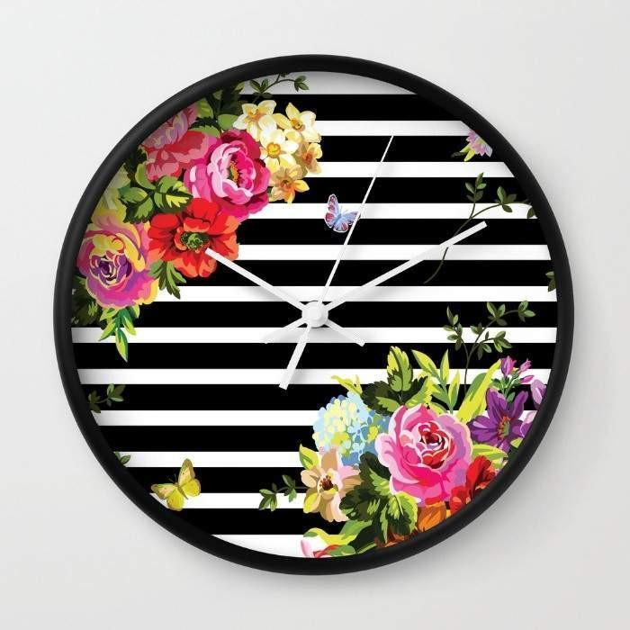 Striped Floral Wall Clock – Modern Decorative 10” Clock with Black or White Frame lifestyle product image