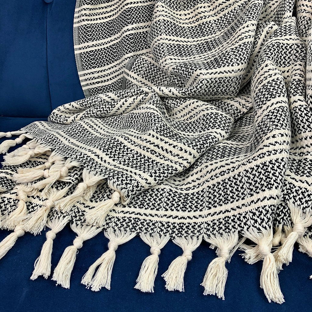 Woven Stripe Turkish Throw Blanket | Cozy 100% Cotton Boho Blanket with Fringe lifestyle product image